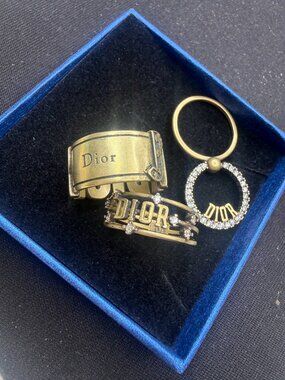 Gold Tone Ring Set of 3 – Letter Band, Crystal Circle & Wide Band